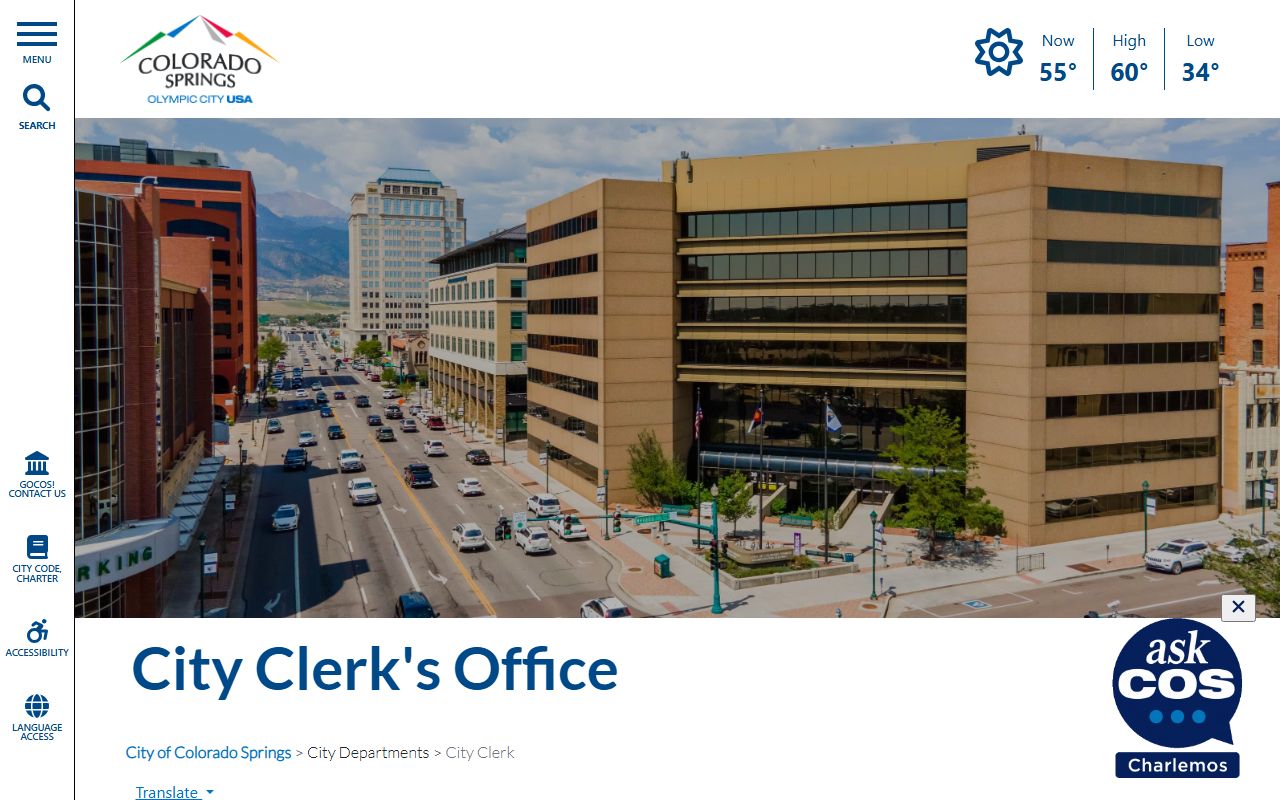 Colorado Springs city clerk website showing records request options