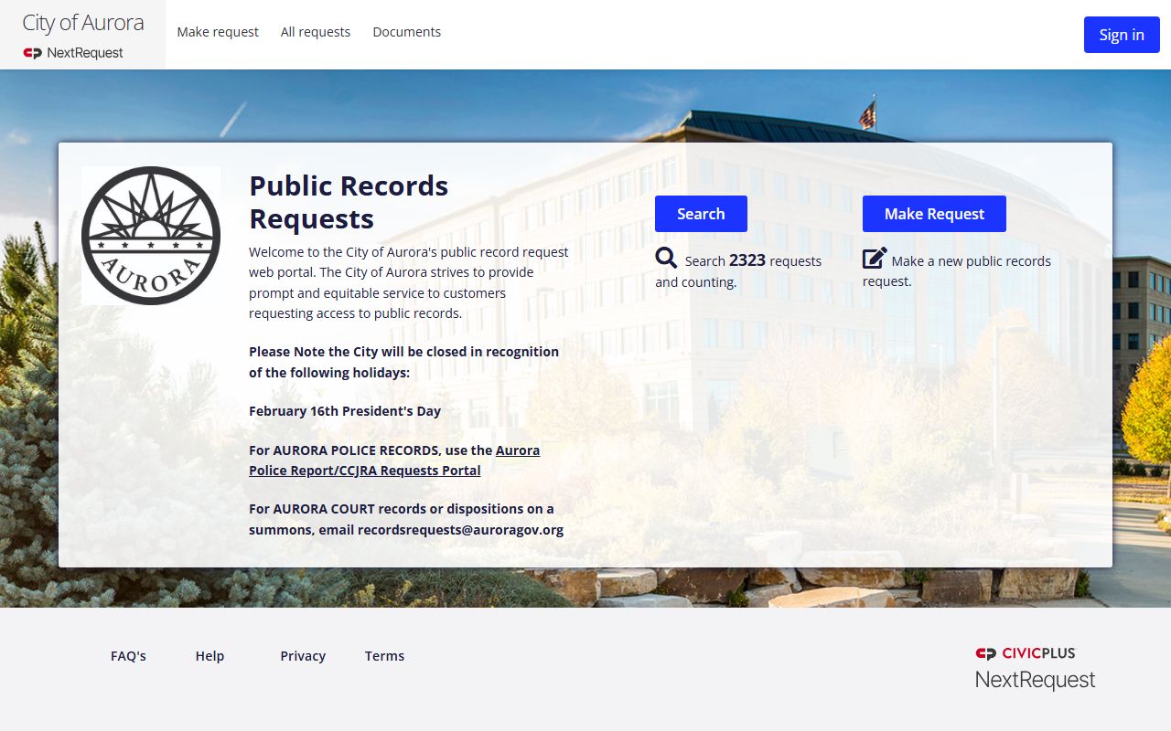 Aurora city public records portal showing NextRequest system
