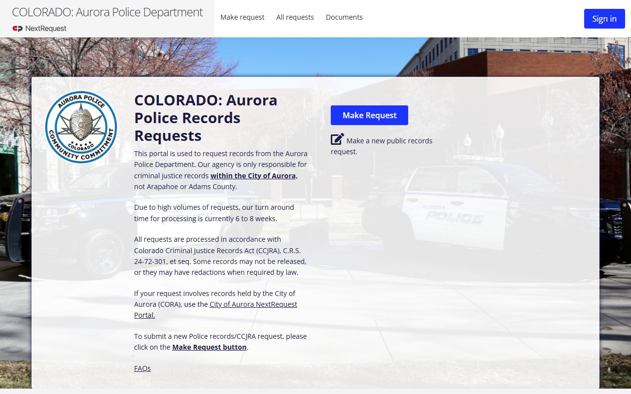 Aurora police records portal for law enforcement document requests