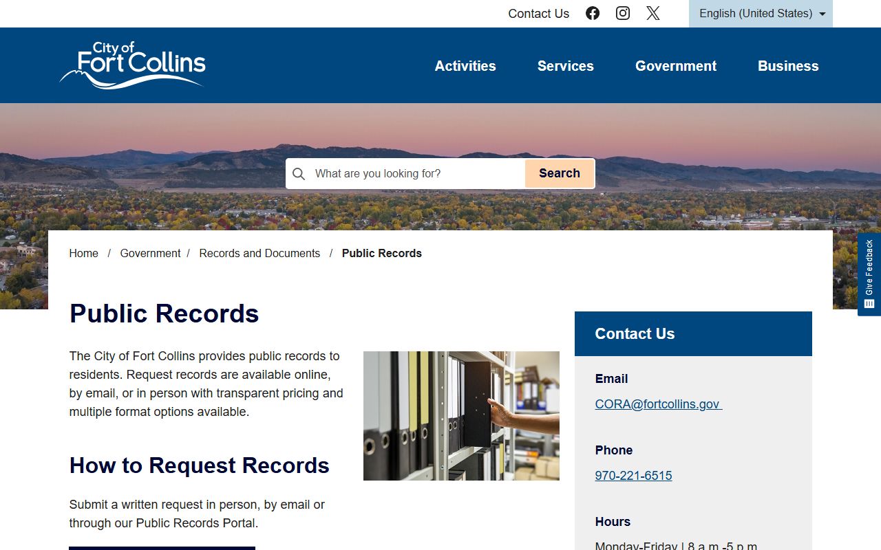 Fort Collins public records portal showing access options