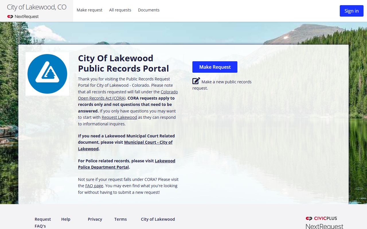 Lakewood public records portal using NextRequest system
